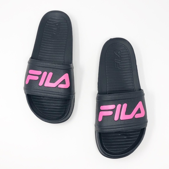 pink and black fila slides